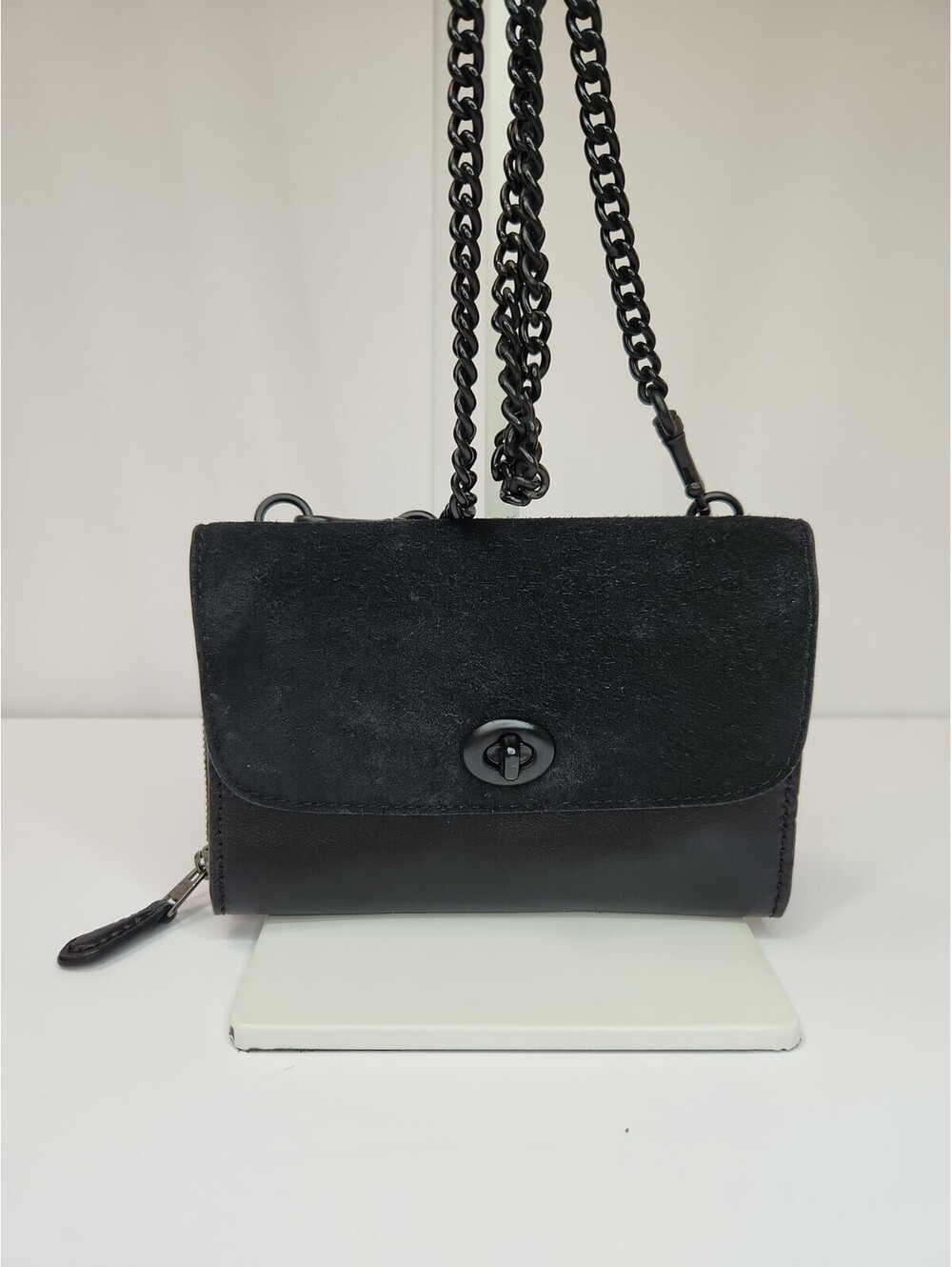 Coach Crossbody Wallet Blk Chain Leather Suede Mixed Media Turn Lock Zipped